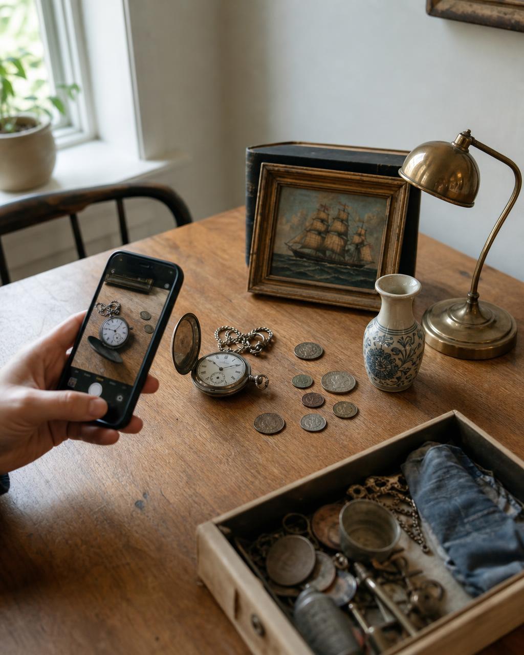 Persona fotografiando con el móvil un reloj de bolsillo junto a monedas, un cuadro, una lámpara y otros objetos encontrados sobre una mesa de casa